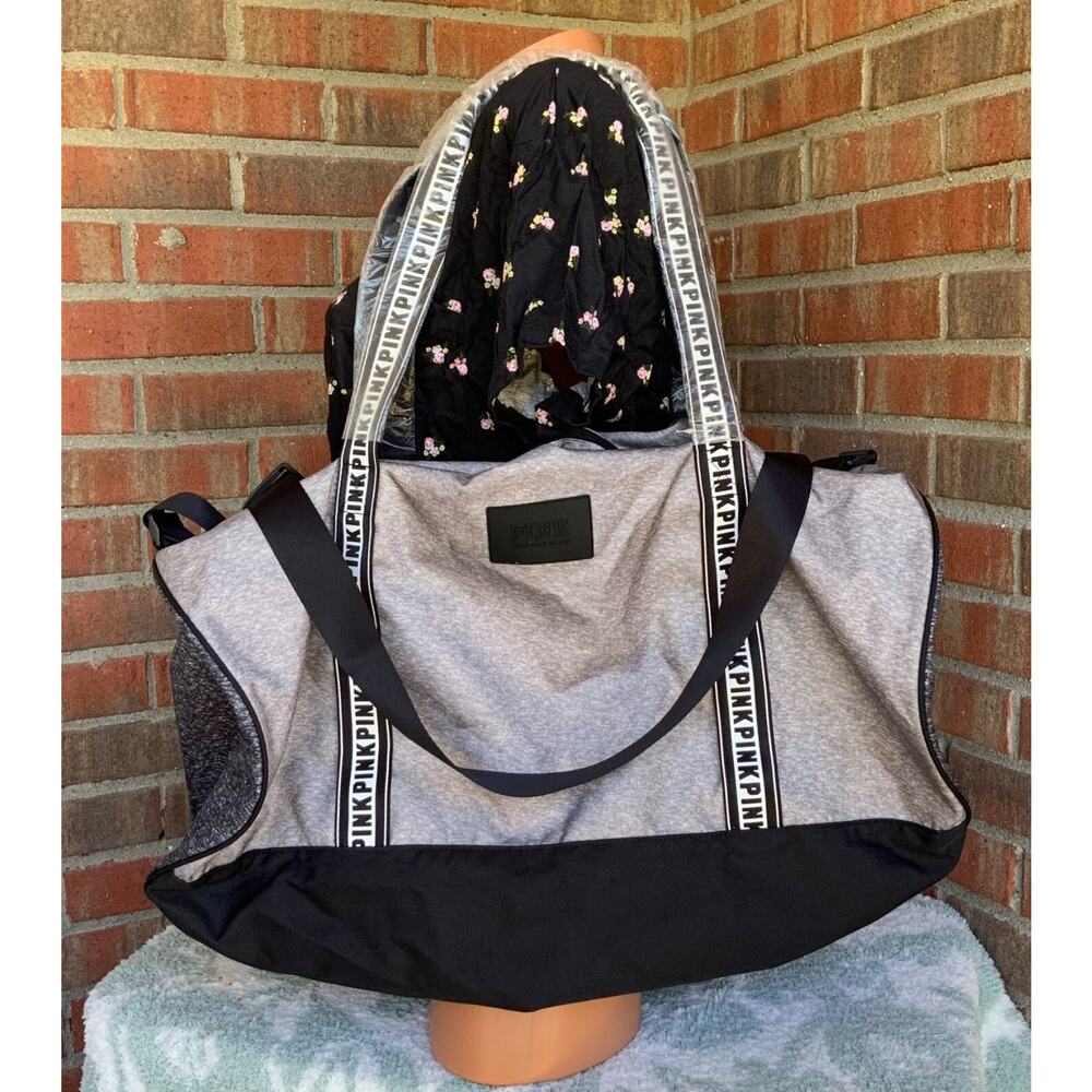 Victoria's Secret PINK Duffle Bag Weekender Large Marled Gray Black Oval Ellipse